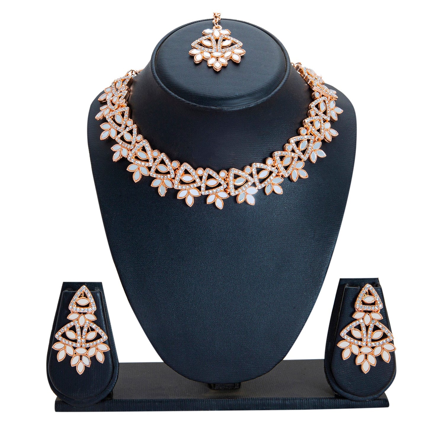 Rose Gold Plated Kundan, AD, Crystal, CZ Design Necklace Combo Jewellery Set with Maang Tikka and Earrings for Women (SJN_184_RG)