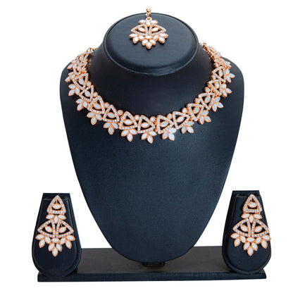 Rose Gold Plated Kundan, AD, Crystal, CZ Design Necklace Combo Jewellery Set with Maang Tikka and Earrings for Women (SJN_184_RG)