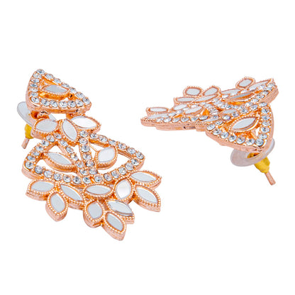 Rose Gold Plated Kundan, AD, Crystal, CZ Design Necklace Combo Jewellery Set with Maang Tikka and Earrings for Women (SJN_184_RG)