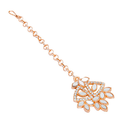 Rose Gold Plated Kundan, AD, Crystal, CZ Design Necklace Combo Jewellery Set with Maang Tikka and Earrings for Women (SJN_184_RG)