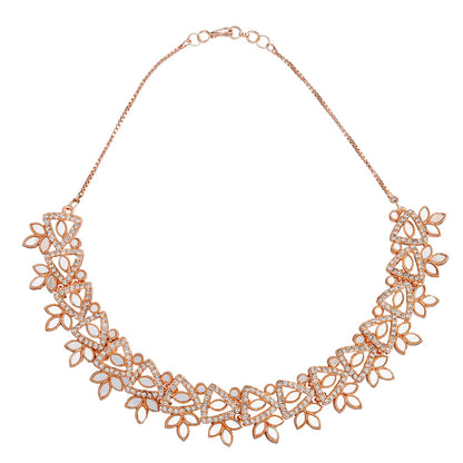 Rose Gold Plated Kundan, AD, Crystal, CZ Design Necklace Combo Jewellery Set with Maang Tikka and Earrings for Women (SJN_184_RG)