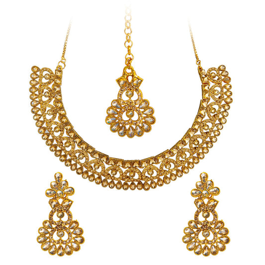 Gold Plated AD, Crystal, CZ Design Necklace Combo Jewellery Set with Maang Tikka and Earrings for Women (SJN_185_G_LCT)