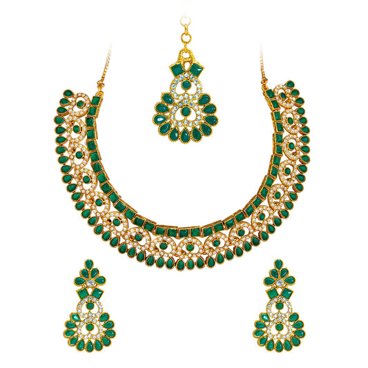 Gold Plated AD, Crystal, CZ Design Necklace Combo Jewellery Set with Maang Tikka and Earrings for Women (SJN_185_G)