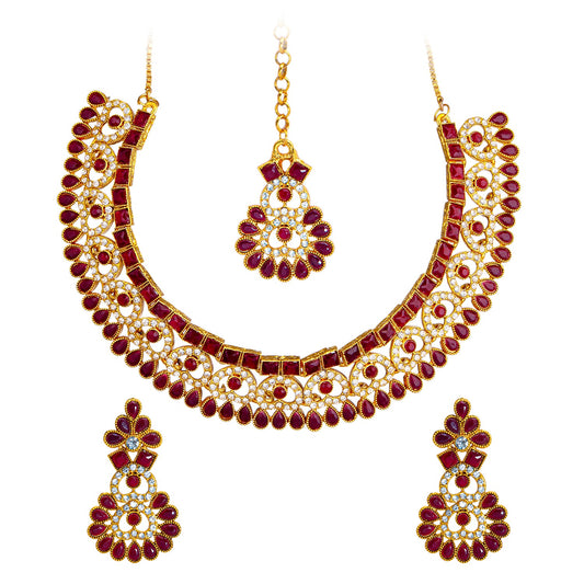 Gold Plated AD, Crystal, CZ Design Necklace Combo Jewellery Set with Maang Tikka and Earrings for Women (SJN_185_M)