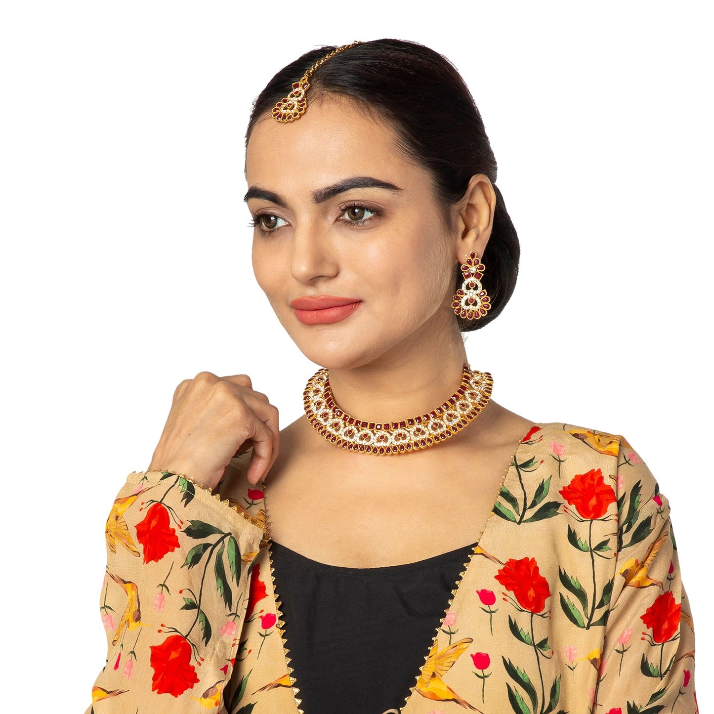 Gold Plated AD, Crystal, CZ Design Necklace Combo Jewellery Set with Maang Tikka and Earrings for Women (SJN_185_M)