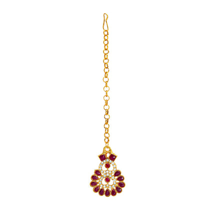 Gold Plated AD, Crystal, CZ Design Necklace Combo Jewellery Set with Maang Tikka and Earrings for Women (SJN_185_M)