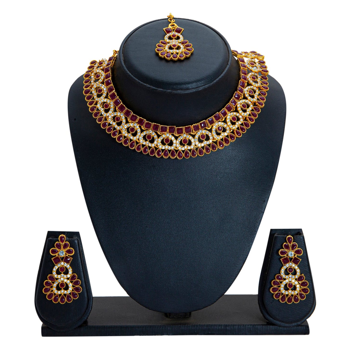 Gold Plated AD, Crystal, CZ Design Necklace Combo Jewellery Set with Maang Tikka and Earrings for Women (SJN_185_M)