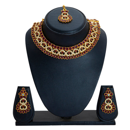 Gold Plated AD, Crystal, CZ Design Necklace Combo Jewellery Set with Maang Tikka and Earrings for Women (SJN_185_M)