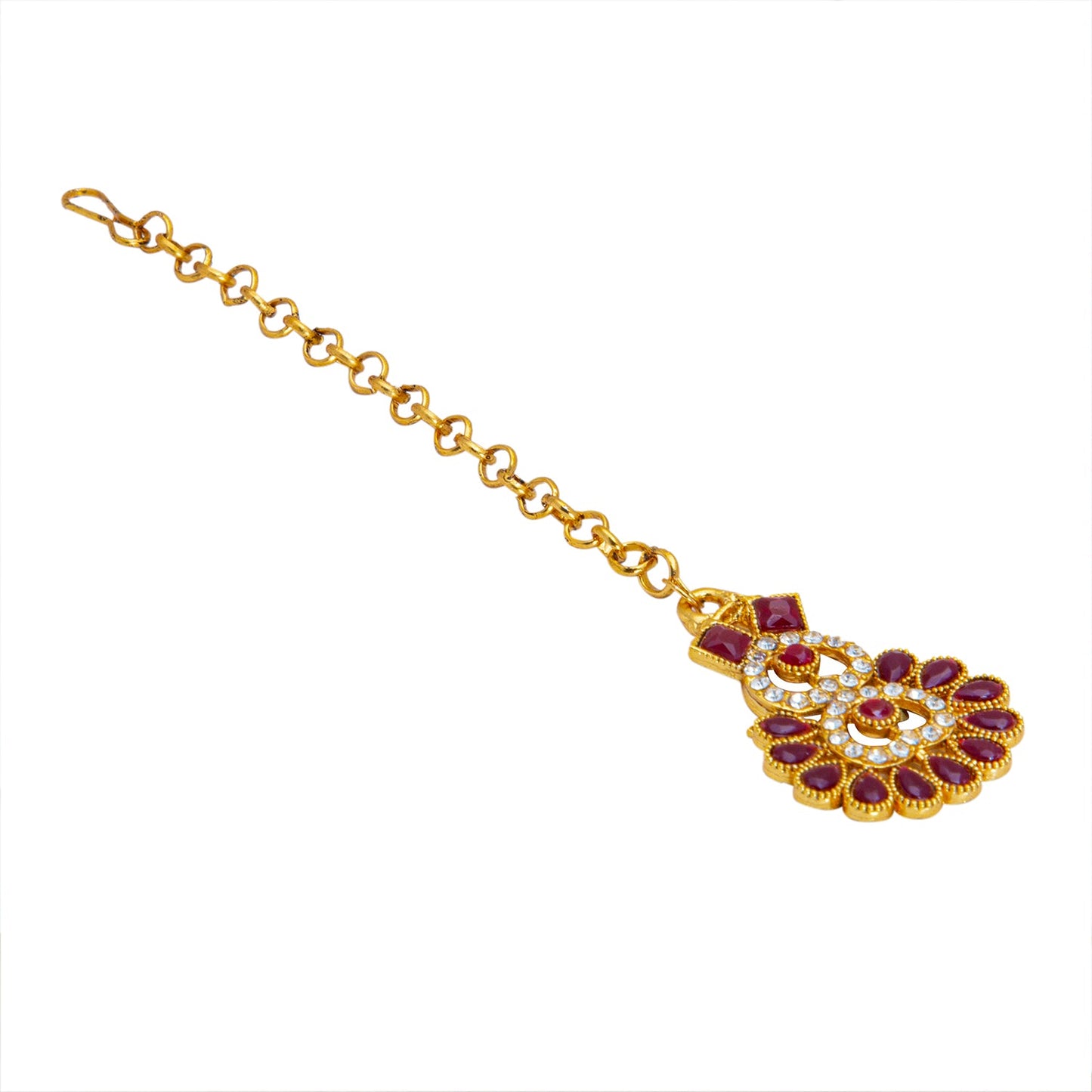 Gold Plated AD, Crystal, CZ Design Necklace Combo Jewellery Set with Maang Tikka and Earrings for Women (SJN_185_M)