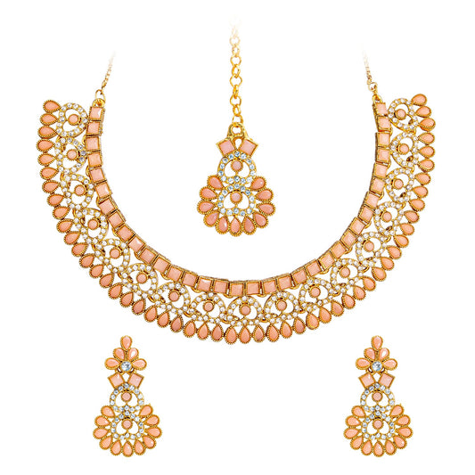 Gold Plated AD, Crystal, CZ Design Necklace Combo Jewellery Set with Maang Tikka and Earrings for Women (SJN_185_P)