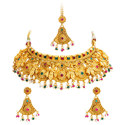 Handcrafted Antique Gold Plated Matte Traditional Kundan,CZ, Studded Choker Jewellery Necklace set With Matching Earring For Women (SJN_186)