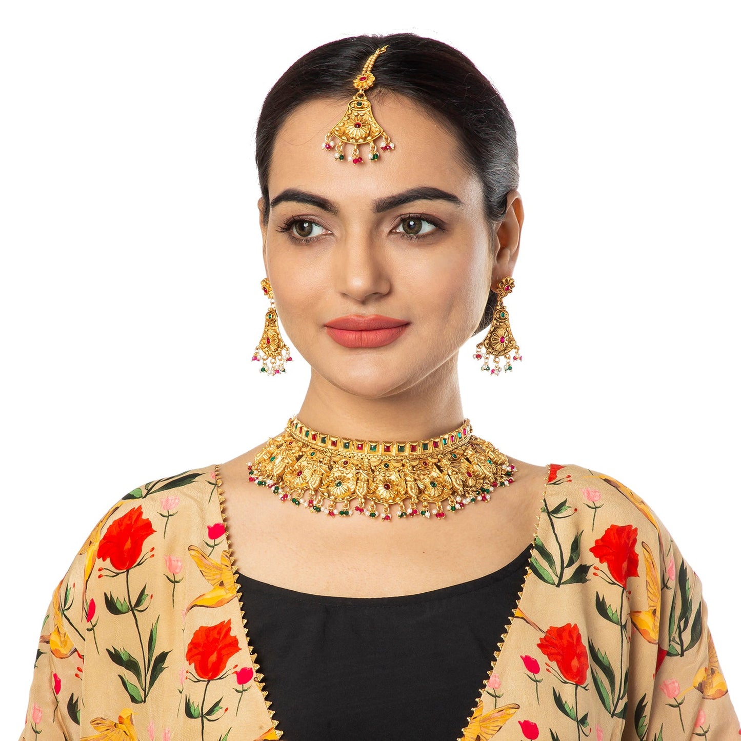 Handcrafted Antique Gold Plated Matte Traditional Kundan,CZ, Studded Choker Jewellery Necklace set With Matching Earring For Women (SJN_186)