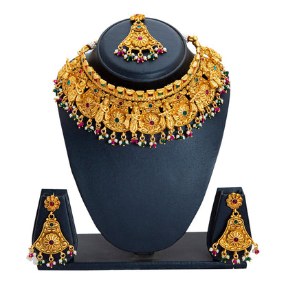 Handcrafted Antique Gold Plated Matte Traditional Kundan,CZ, Studded Choker Jewellery Necklace set With Matching Earring For Women (SJN_186)