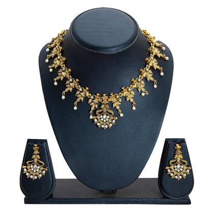 Traditional Antique Gold Plated AD,Pearl Long Bridal Jewellery Necklace Set for Women (SJN_190)