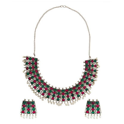 Silver Oxidised Kundan, Pearl Multicolor Necklace with Earrings For Women & Girls (SJN_191)