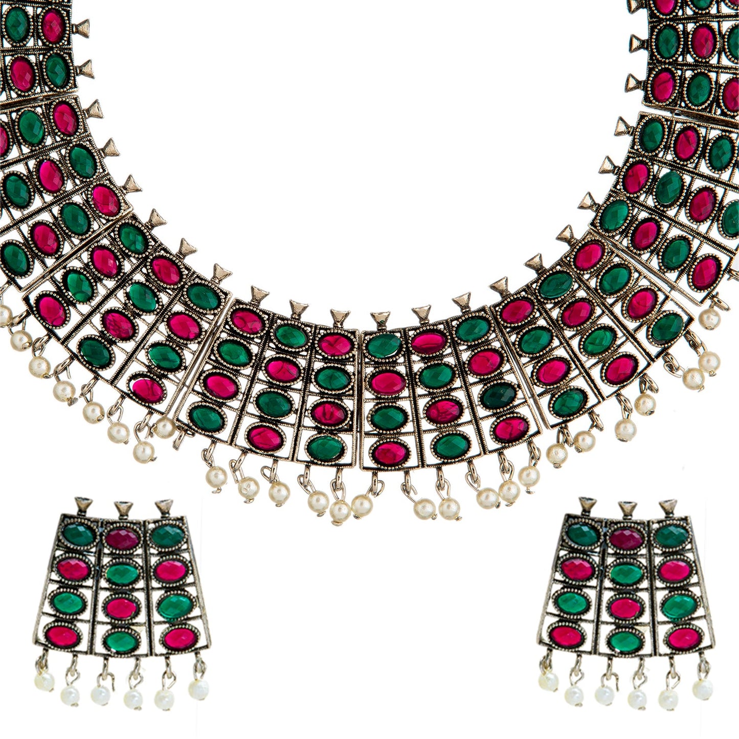 Silver Oxidised Kundan, Pearl Multicolor Necklace with Earrings For Women & Girls (SJN_191)