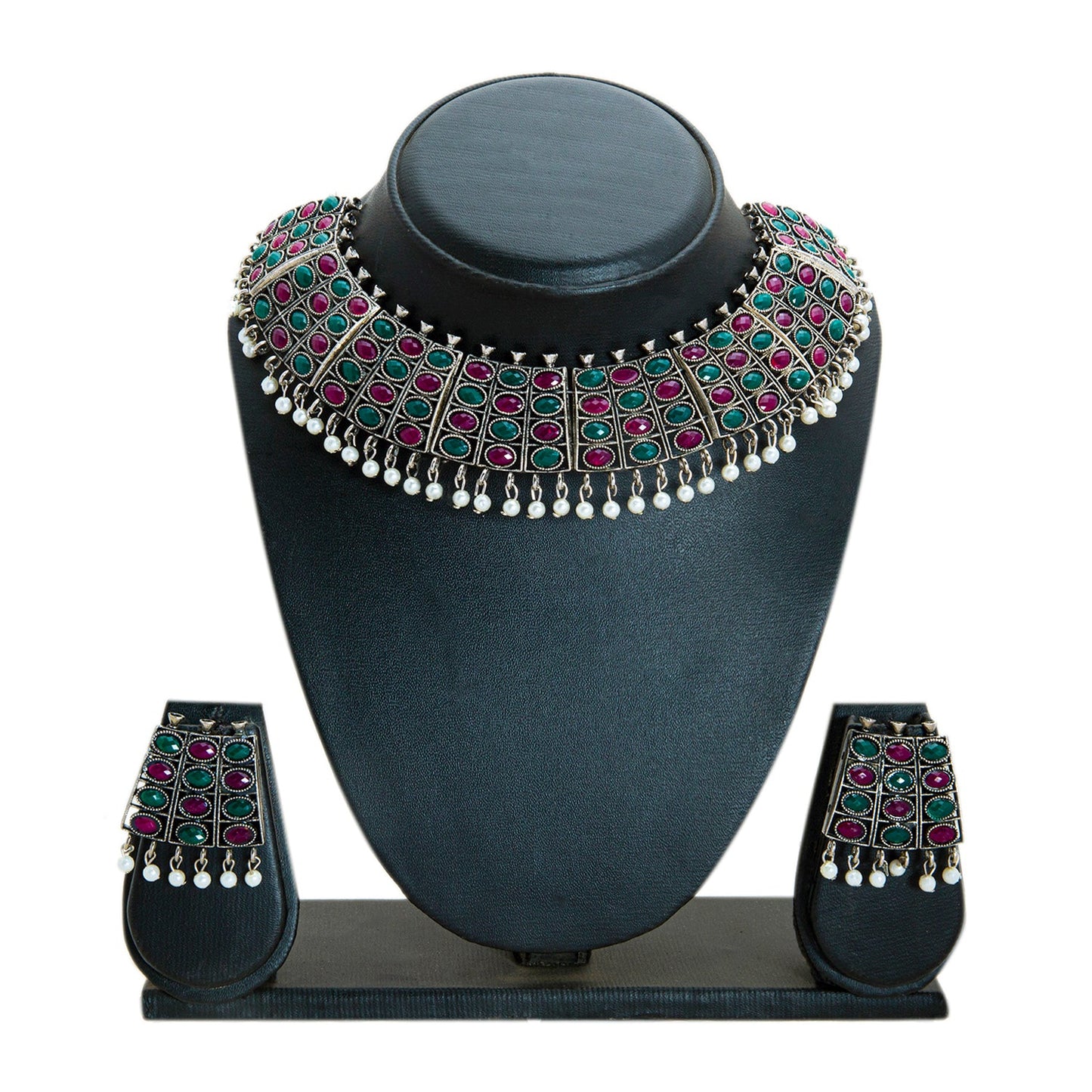 Silver Oxidised Kundan, Pearl Multicolor Necklace with Earrings For Women & Girls (SJN_191)