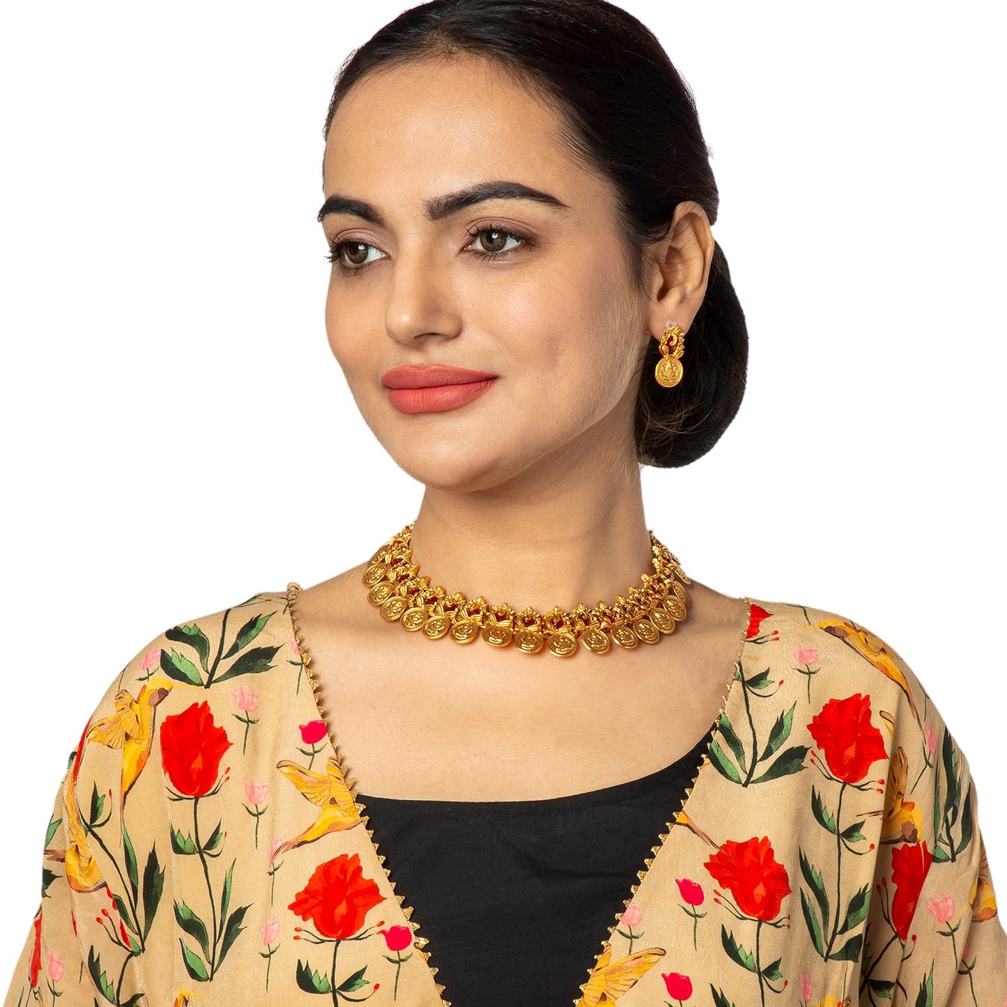 Handcrafted Gold Plated Kundan,CZ, Studded Temple Necklace Jewellery Set with Matching Stud Earrings for Women (SJN_192_M)