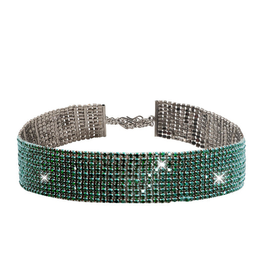 Crystal and AD Antique Silver Plated Western Style Cocktail Green Choker Necklace for women (SJN_195_AS_G)