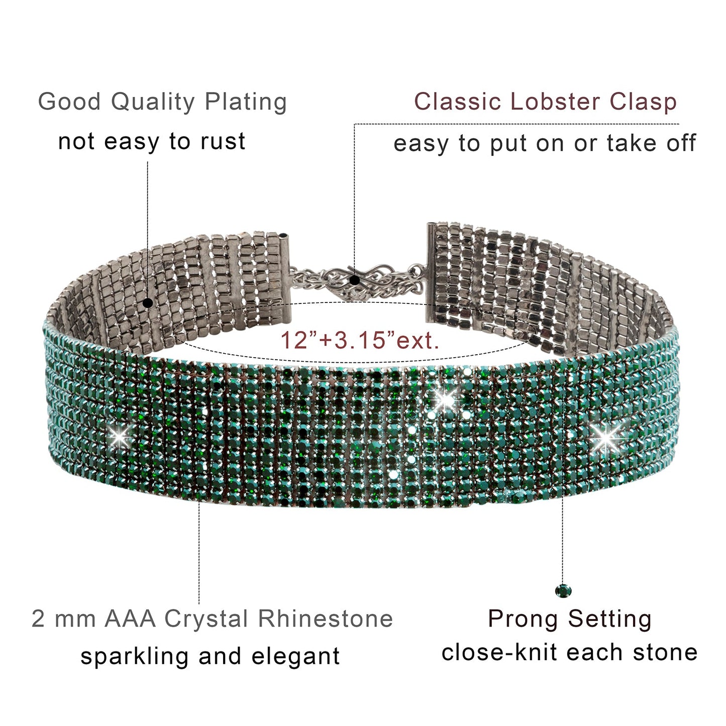 Crystal and AD Antique Silver Plated Western Style Cocktail Green Choker Necklace for women (SJN_195_AS_G)