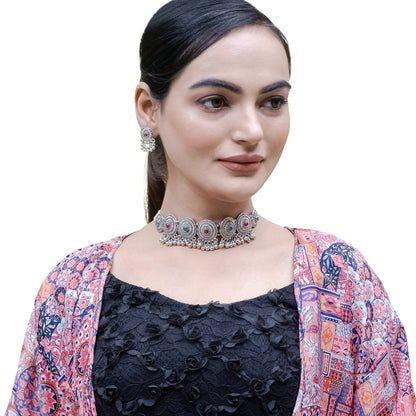 Silver Plated Oxidized Stylish Traditional Ethnic Choker Necklace Jewellery Set for Women (SJN_200_O)