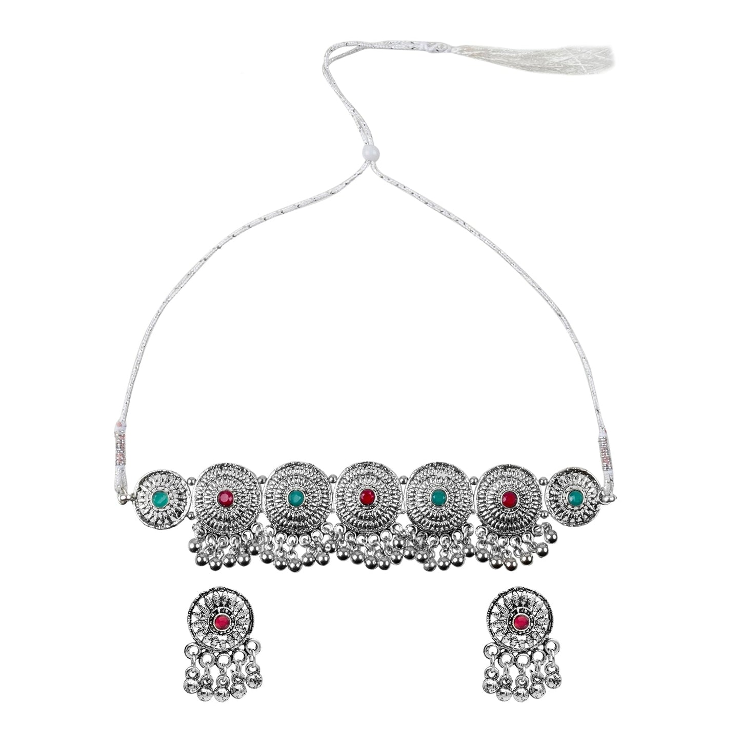 Silver Plated Oxidized Stylish Traditional Ethnic Choker Necklace Jewellery Set for Women (SJN_200_O)