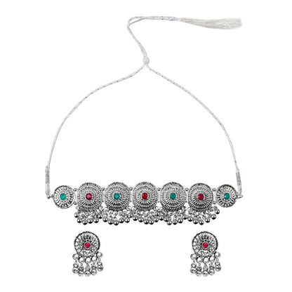 Silver Plated Oxidized Stylish Traditional Ethnic Choker Necklace Jewellery Set for Women (SJN_200_O)