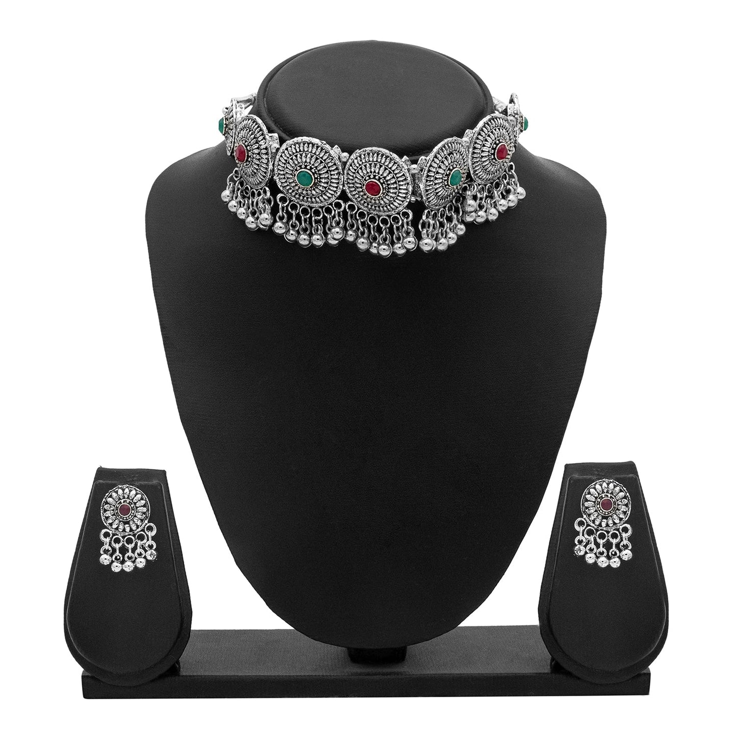 Silver Plated Oxidized Stylish Traditional Ethnic Choker Necklace Jewellery Set for Women (SJN_200_O)