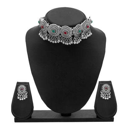 Silver Plated Oxidized Stylish Traditional Ethnic Choker Necklace Jewellery Set for Women (SJN_200_O)