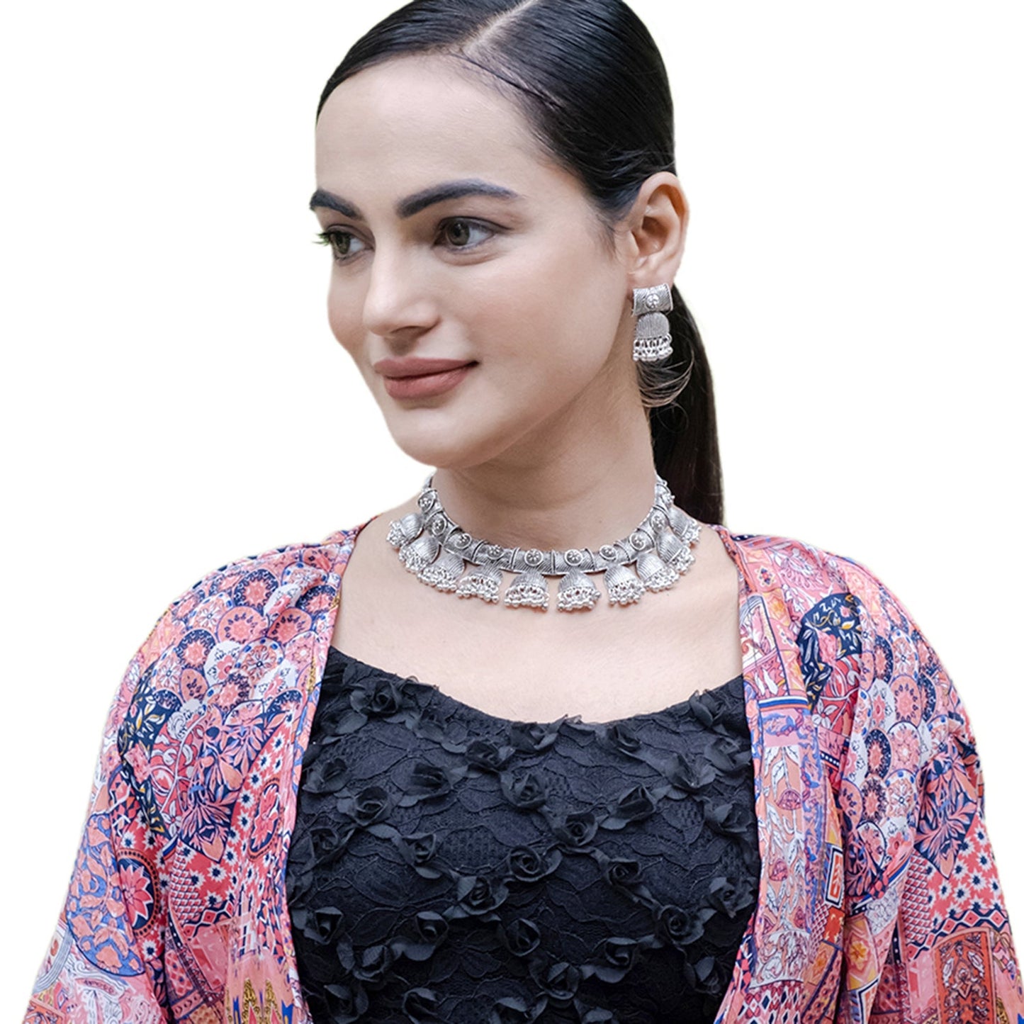 Antique Silver Plated Oxidised CZ Pearl Tribal Choker Necklace Set for Women (SJN_201)