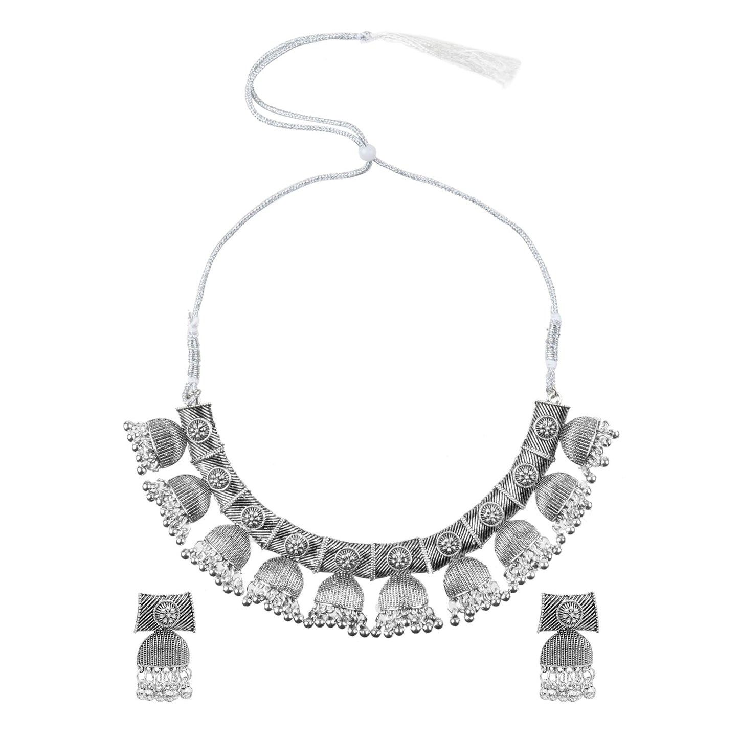 Antique Silver Plated Oxidised CZ Pearl Tribal Choker Necklace Set for Women (SJN_201)