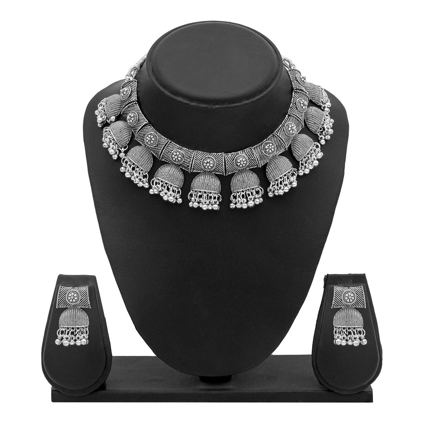 Antique Silver Plated Oxidised CZ Pearl Tribal Choker Necklace Set for Women (SJN_201)