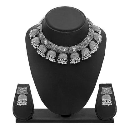 Antique Silver Plated Oxidised CZ Pearl Tribal Choker Necklace Set for Women (SJN_201)