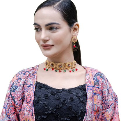 Gold Plated Oxidised CZ Pearl Choker Necklace Set for Women (SJN_202)