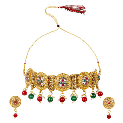 Gold Plated Oxidised CZ Pearl Choker Necklace Set for Women (SJN_202)