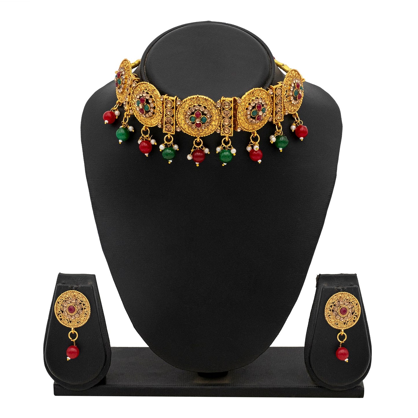Gold Plated Oxidised CZ Pearl Choker Necklace Set for Women (SJN_202)
