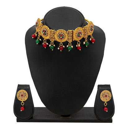 Gold Plated Oxidised CZ Pearl Choker Necklace Set for Women (SJN_202)