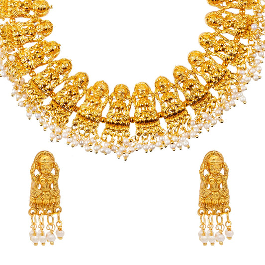 Handcrafted Antique Gold Plated Goddess Laxmi Design Jewellery Clustered Hanging Pearl Necklace With Matching Earring For Women (SJN_204)