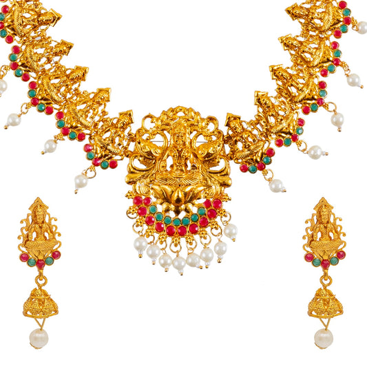 Handcrafted Antique Gold Plated Goddess Laxmi Design Kundan Jewellery  Hanging Pearl Necklace With Matching Earring For Women (SJN_205)