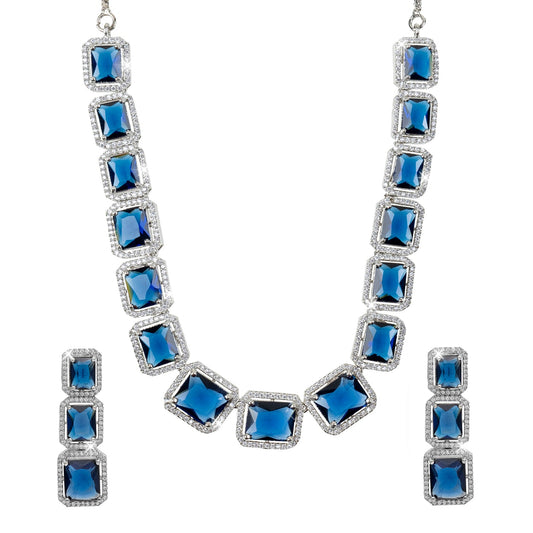 Silver Plated Blue Stones & Crystals Dazzling Sleek Neklace Drop Earring Set For Women (SJN_208_S_BL)