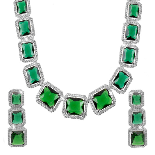 Silver Plated Green Stones & Crystals Dazzling Sleek Neklace Drop Earring Set For Women (SJN_208_S_G)