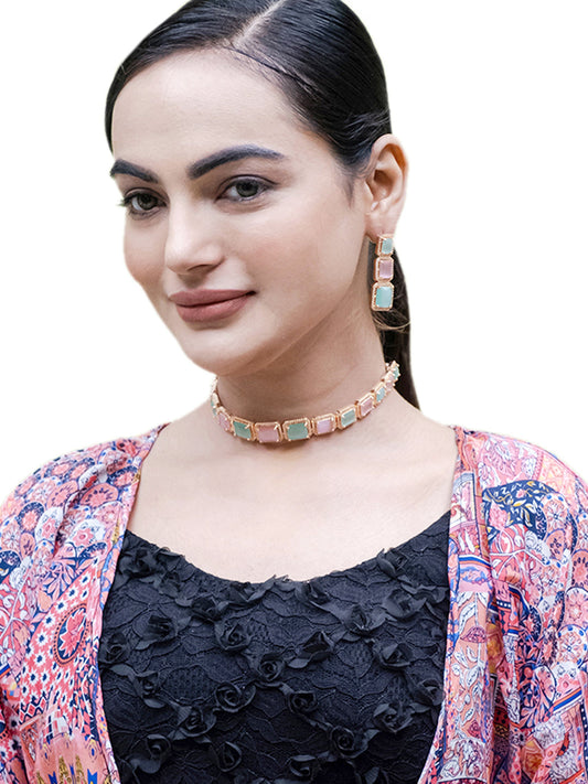 Silver Plated Multicolor Stones & Crystals Dazzling Sleek Neklace Drop Earring Set For Women (SJN_208_S_MT)
