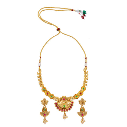 Gold Plated Traditional Indian Kundan,CZ, Pearl Studded Adjustable Dori Necklace with Matching Earrings Jewellery/Jewelry Set for Women (SJN_210)