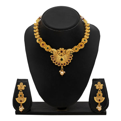 Gold Plated Traditional Indian Kundan,CZ, Pearl Studded Adjustable Dori Necklace with Matching Earrings Jewellery/Jewelry Set for Women (SJN_210)