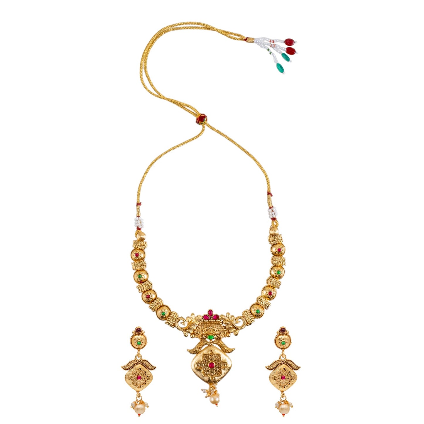 Gold Plated Traditional Indian Kundan,CZ, Studded Temple Forming Gold Haram Necklace with Matching Earrings Jewellery/Jewelry Set for Women (SJN_211)