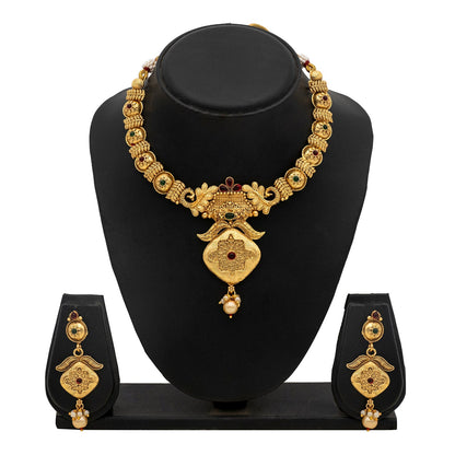 Gold Plated Traditional Indian Kundan,CZ, Studded Temple Forming Gold Haram Necklace with Matching Earrings Jewellery/Jewelry Set for Women (SJN_211)