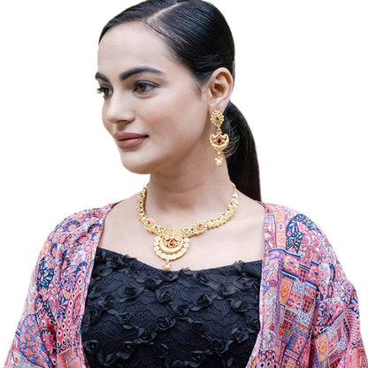 Gold Plated Traditional Indian Peacock Design Kundan,CZ, Studded Necklace with Matching Earrings Jewellery/Jewelry Set for Women (SJN_212)