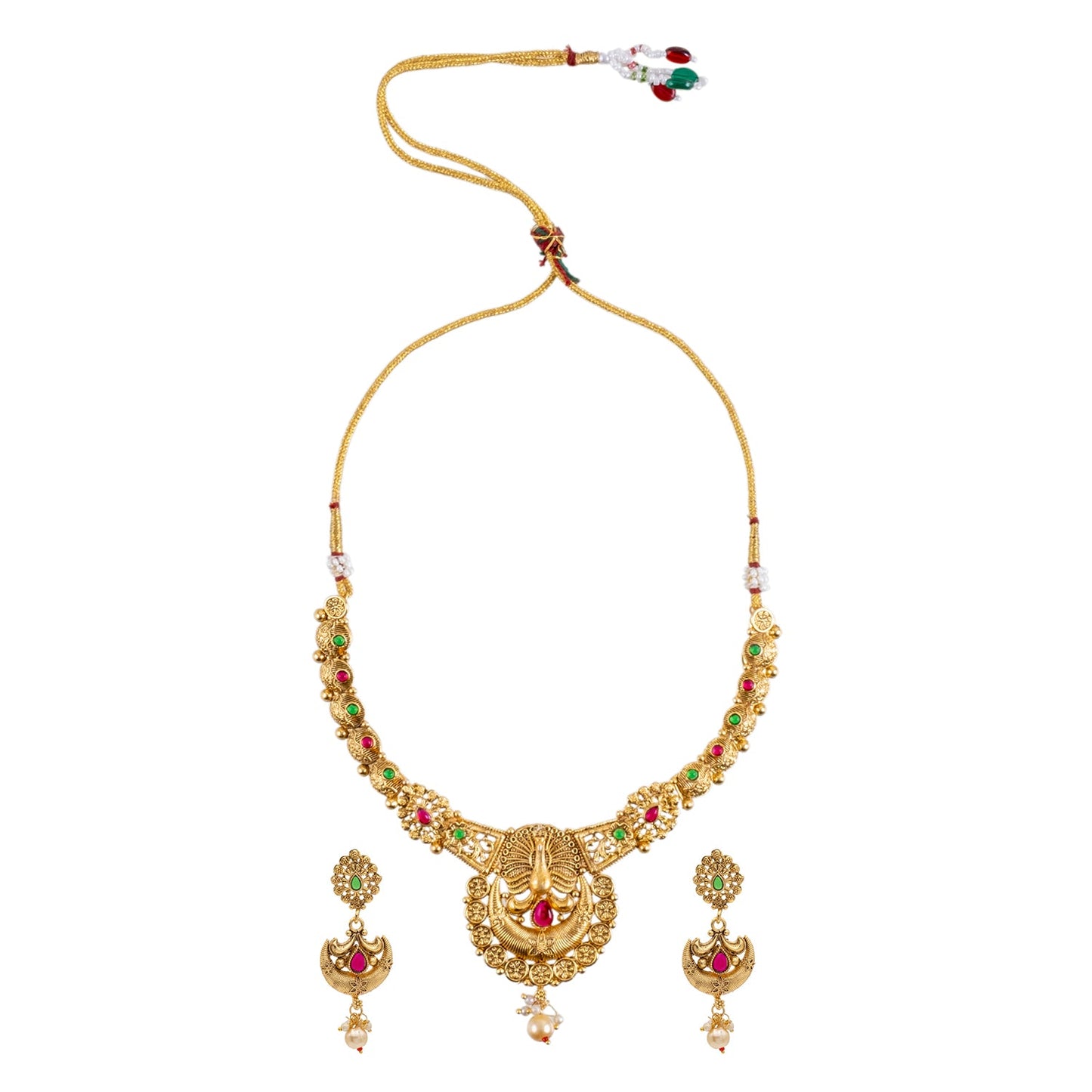 Gold Plated Traditional Indian Peacock Design Kundan,CZ, Studded Necklace with Matching Earrings Jewellery/Jewelry Set for Women (SJN_212)