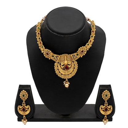 Gold Plated Traditional Indian Peacock Design Kundan,CZ, Studded Necklace with Matching Earrings Jewellery/Jewelry Set for Women (SJN_212)