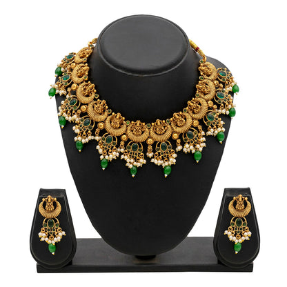 Gold Plated Traditional Indian Kundan, CZ, Studded Lakshmi Temple, Dori Necklace with Matching Earring Jewellery/Jewelry Set For Women (SJN_214_G)